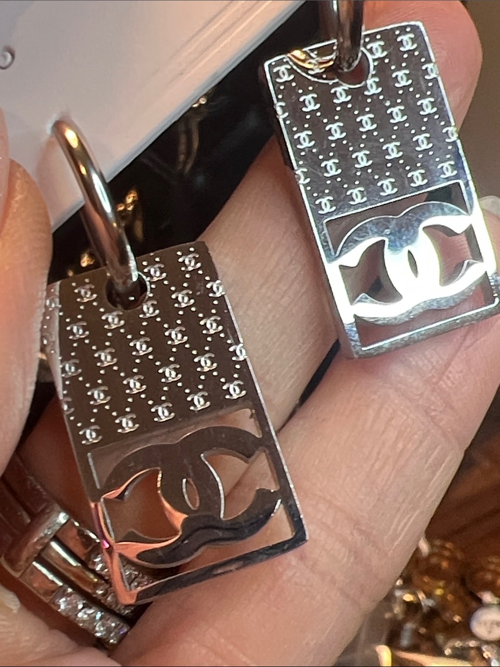 Stainless Steel Silver-Tone Logo Dangle Earrings